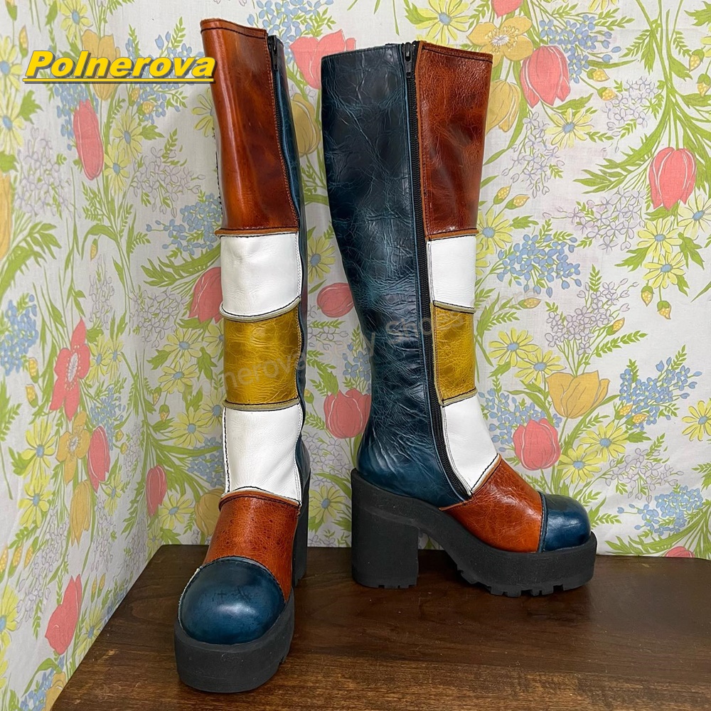 Bottes hautes en cuir patchwor - Vintage Style Women Fashion avis et prix